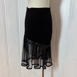 🖤 VALENTINE Black Stretch Skirt with Tulle & Sequin Fringe Hem